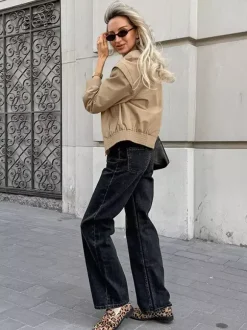 Khaki Lightweight Women's Bomber Jacket - Minimalist Collared Zip-Up Outerwear - Quiet Luxury Spring Casual Streetwear 2026