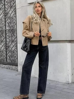 Khaki Lightweight Women's Bomber Jacket - Minimalist Collared Zip-Up Outerwear - Quiet Luxury Spring Casual Streetwear 2026