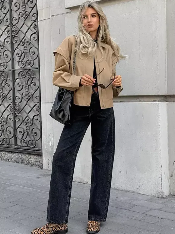 Khaki Lightweight Women's Bomber Jacket - Minimalist Collared Zip-Up Outerwear - Quiet Luxury Spring Casual Streetwear 2026