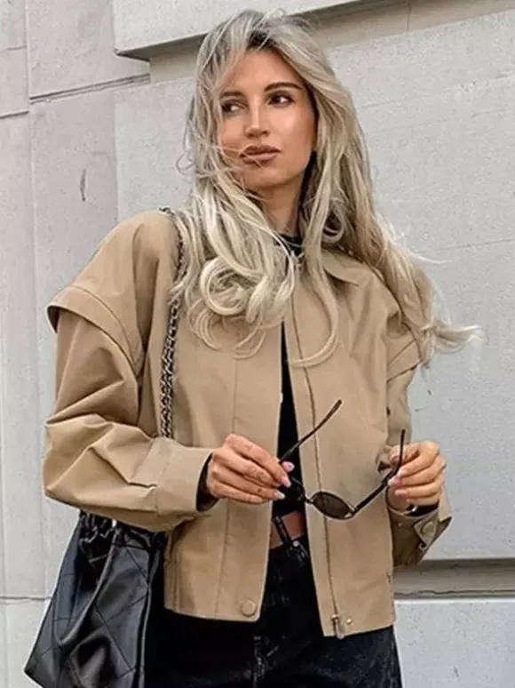 Khaki Lightweight Women's Bomber Jacket - Minimalist Collared Zip-Up Outerwear - Quiet Luxury Spring Casual Streetwear 2026