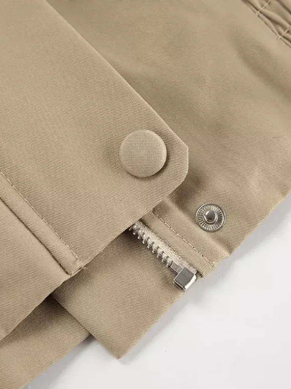 Khaki Lightweight Women's Bomber Jacket - Minimalist Collared Zip-Up Outerwear - Quiet Luxury Spring Casual Streetwear 2026