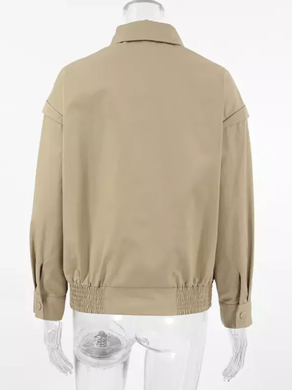 Khaki Lightweight Women's Bomber Jacket - Minimalist Collared Zip-Up Outerwear - Quiet Luxury Spring Casual Streetwear 2026