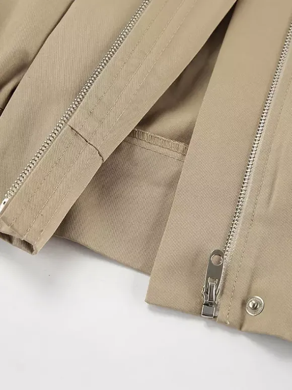 Khaki Lightweight Women's Bomber Jacket - Minimalist Collared Zip-Up Outerwear - Quiet Luxury Spring Casual Streetwear 2026