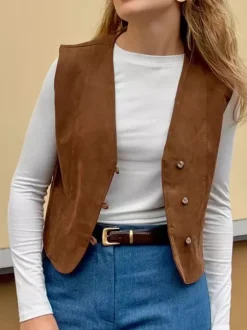 Khaki Cami Top V-Neck Chic Clothes Suede Women Camis