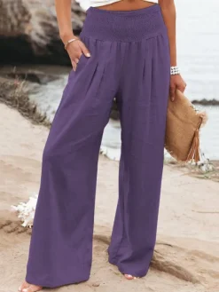 Khaki Linen Pants Wide Leg Elastic Waist Summer Trousers