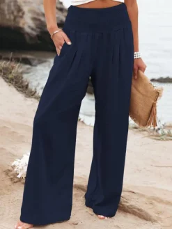 Khaki Linen Pants Wide Leg Elastic Waist Summer Trousers