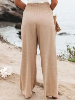 Khaki Linen Pants Wide Leg Elastic Waist Summer Trousers