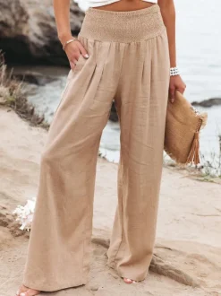 Khaki Linen Pants Wide Leg Elastic Waist Summer Trousers