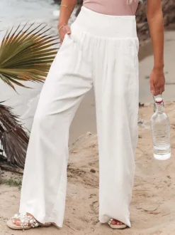 Khaki Linen Pants Wide Leg Elastic Waist Summer Trousers