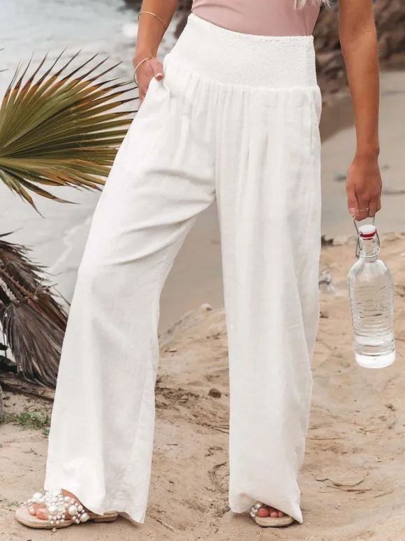 Khaki Linen Pants Wide Leg Elastic Waist Summer Trousers