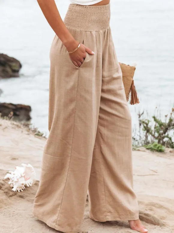 Khaki Linen Pants Wide Leg Elastic Waist Summer Trousers