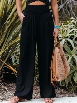 Khaki Linen Pants Wide Leg Elastic Waist Summer Trousers