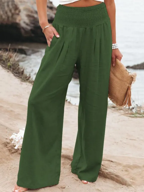 Khaki Linen Pants Wide Leg Elastic Waist Summer Trousers
