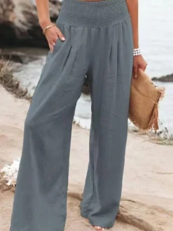 Khaki Linen Pants Wide Leg Elastic Waist Summer Trousers