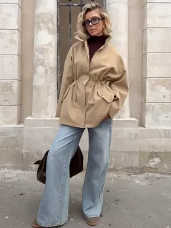 Khaki Stand Collar Women's Windbreaker Jacket - Chic Drawstring Waist Loose Fit - Utility Cargo Style Spring Streetwear 2026