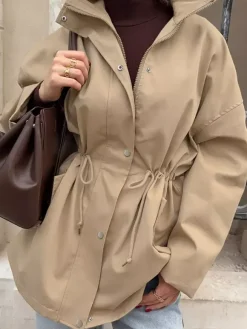 Khaki Stand Collar Women's Windbreaker Jacket - Chic Drawstring Waist Loose Fit - Utility Cargo Style Spring Streetwear 2026