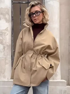 Khaki Stand Collar Women's Windbreaker Jacket - Chic Drawstring Waist Loose Fit - Utility Cargo Style Spring Streetwear 2026