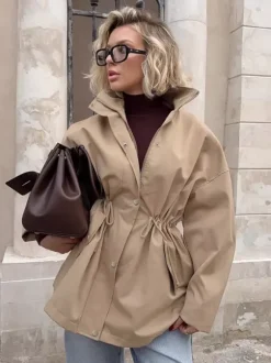 Khaki Stand Collar Women's Windbreaker Jacket - Chic Drawstring Waist Loose Fit - Utility Cargo Style Spring Streetwear 2026