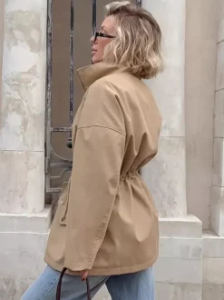 Khaki Stand Collar Women's Windbreaker Jacket - Chic Drawstring Waist Loose Fit - Utility Cargo Style Spring Streetwear 2026