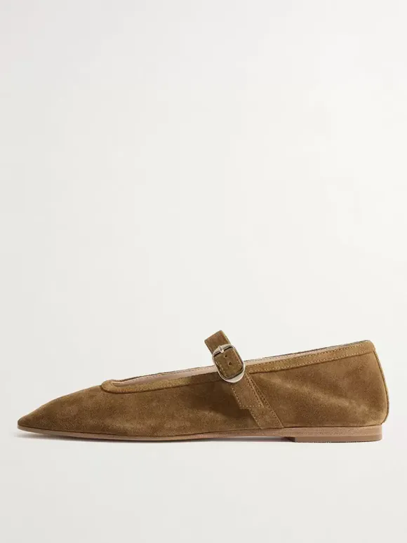 Khaki Suede Ballet Flats Square Toe Mary Jane Flat Shoes