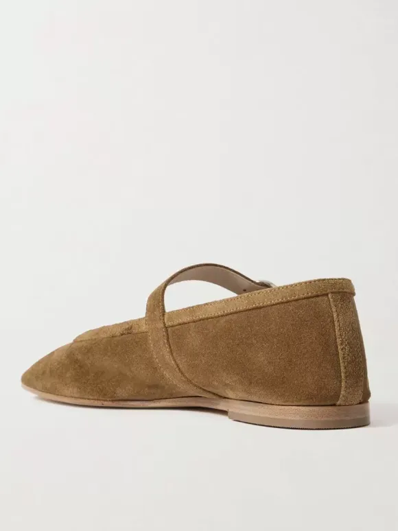 Khaki Suede Ballet Flats Square Toe Mary Jane Flat Shoes