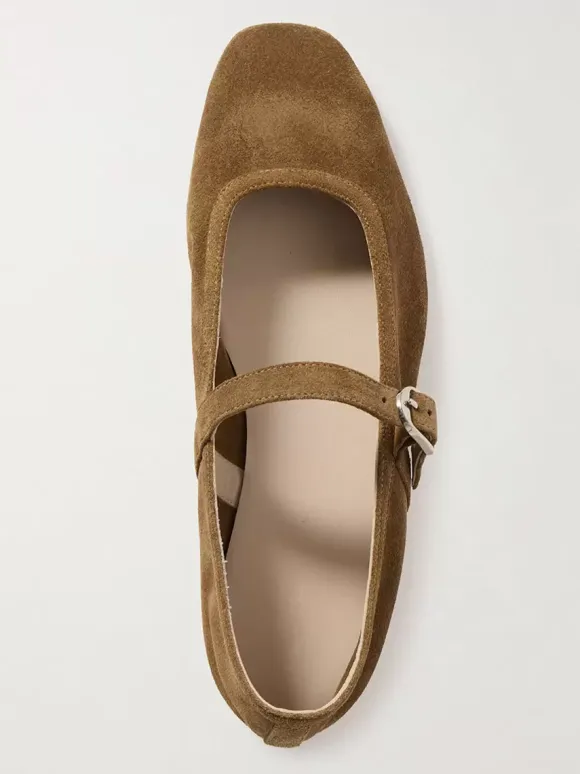 Khaki Suede Ballet Flats Square Toe Mary Jane Flat Shoes