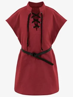 Khaki Vintage Top Retro Lace Up Sleeveless Polyester Top Retro Costumes For Man Burgundy