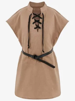Khaki Vintage Top Retro Lace Up Sleeveless Polyester Top Retro Costumes For Man Burgundy