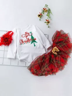 Kid Christmas Set Sequin Gilding Tutu Skirt With Cotton Top Christmas Pattern Holidays Costumes