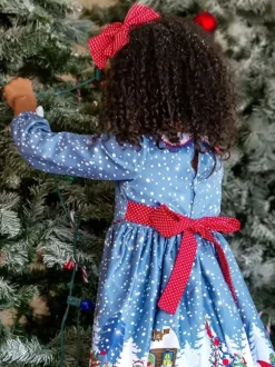 Kid Christmas Dress Santa Clause Print Light Sky Blue Flare Dress Holidays Costumes