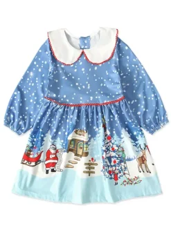 Kid Christmas Dress Santa Clause Print Light Sky Blue Flare Dress Holidays Costumes