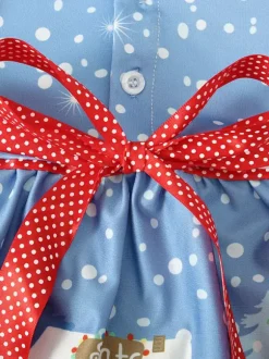 Kid Christmas Dress Santa Clause Print Light Sky Blue Flare Dress Holidays Costumes