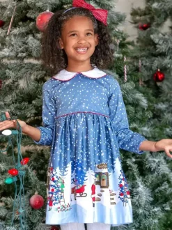 Kid Christmas Dress Santa Clause Print Light Sky Blue Flare Dress Holidays Costumes