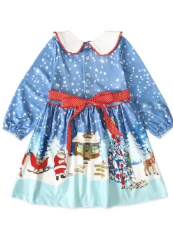 Kid Christmas Dress Santa Clause Print Light Sky Blue Flare Dress Holidays Costumes
