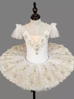 Kids Ballet Dance Costumes Light Sky Blue Embroidered Lace Open Shoulder Tutu Dress