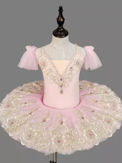 Kids Ballet Dance Costumes Light Sky Blue Embroidered Lace Open Shoulder Tutu Dress