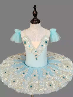 Kids Ballet Dance Costumes Light Sky Blue Embroidered Lace Open Shoulder Tutu Dress