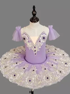 Kids Ballet Dance Costumes Light Sky Blue Embroidered Lace Open Shoulder Tutu Dress