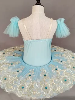 Kids Ballet Dance Costumes Light Sky Blue Embroidered Lace Open Shoulder Tutu Dress