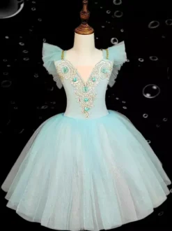 Kids Ballet Dance Dress Embroidered Ruffles Backless Ballet Skirt For Kids Dance Performance