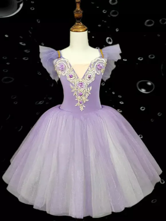 Kids Ballet Dance Dress Embroidered Ruffles Backless Ballet Skirt For Kids Dance Performance