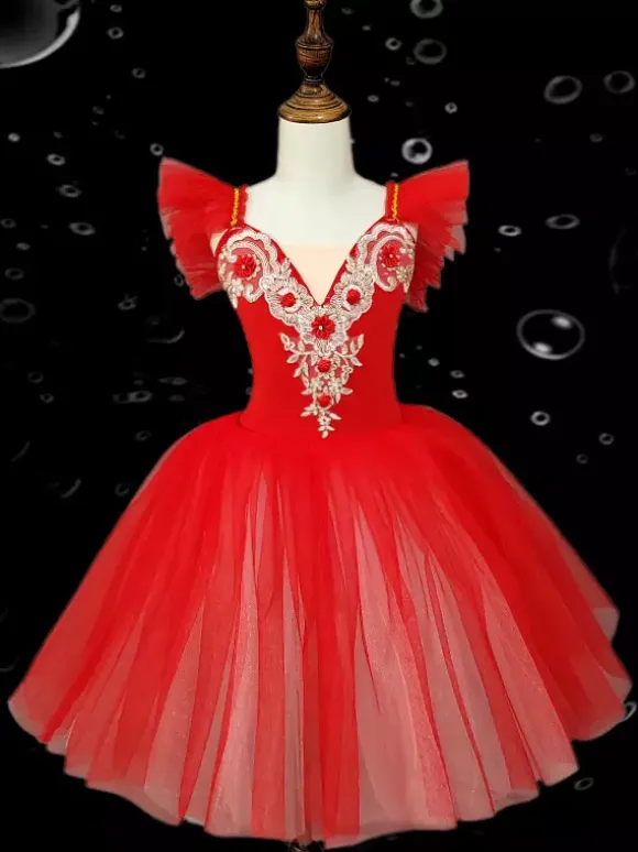 Kids Ballet Dance Dress Embroidered Ruffles Backless Ballet Skirt For Kids Dance Performance