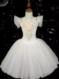 Kids Ballet Dance Dress Embroidered Ruffles Backless Ballet Skirt For Kids Dance Performance