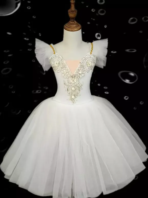 Kids Ballet Dance Dress Embroidered Ruffles Backless Ballet Skirt For Kids Dance Performance