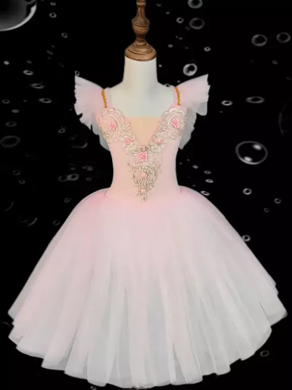 Kids Ballet Dance Dress Embroidered Ruffles Backless Ballet Skirt For Kids Dance Performance