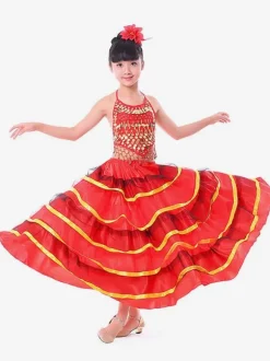 Kids Belly Dance Costumes Red Layered Billowing Flamenco Dress Paso Doble Dress Spanish Skirt for Girls Carnival