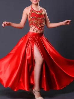 Kids Belly Dance Costumes Red Split Flamenco Dress Paso Doble Costumes Spanish Skirt for Girls Carnival