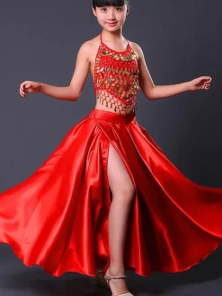 Kids Belly Dance Costumes Red Split Flamenco Dress Paso Doble Costumes Spanish Skirt for Girls Carnival