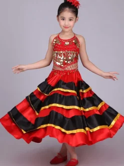 Kids Belly Dance Costumes Red Flamenco Dress Paso Doble Costumes Spanish Skirt for Girls Carnival