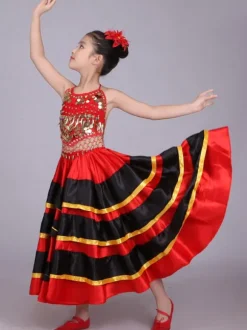 Kids Belly Dance Costumes Red Flamenco Dress Paso Doble Costumes Spanish Skirt for Girls Carnival